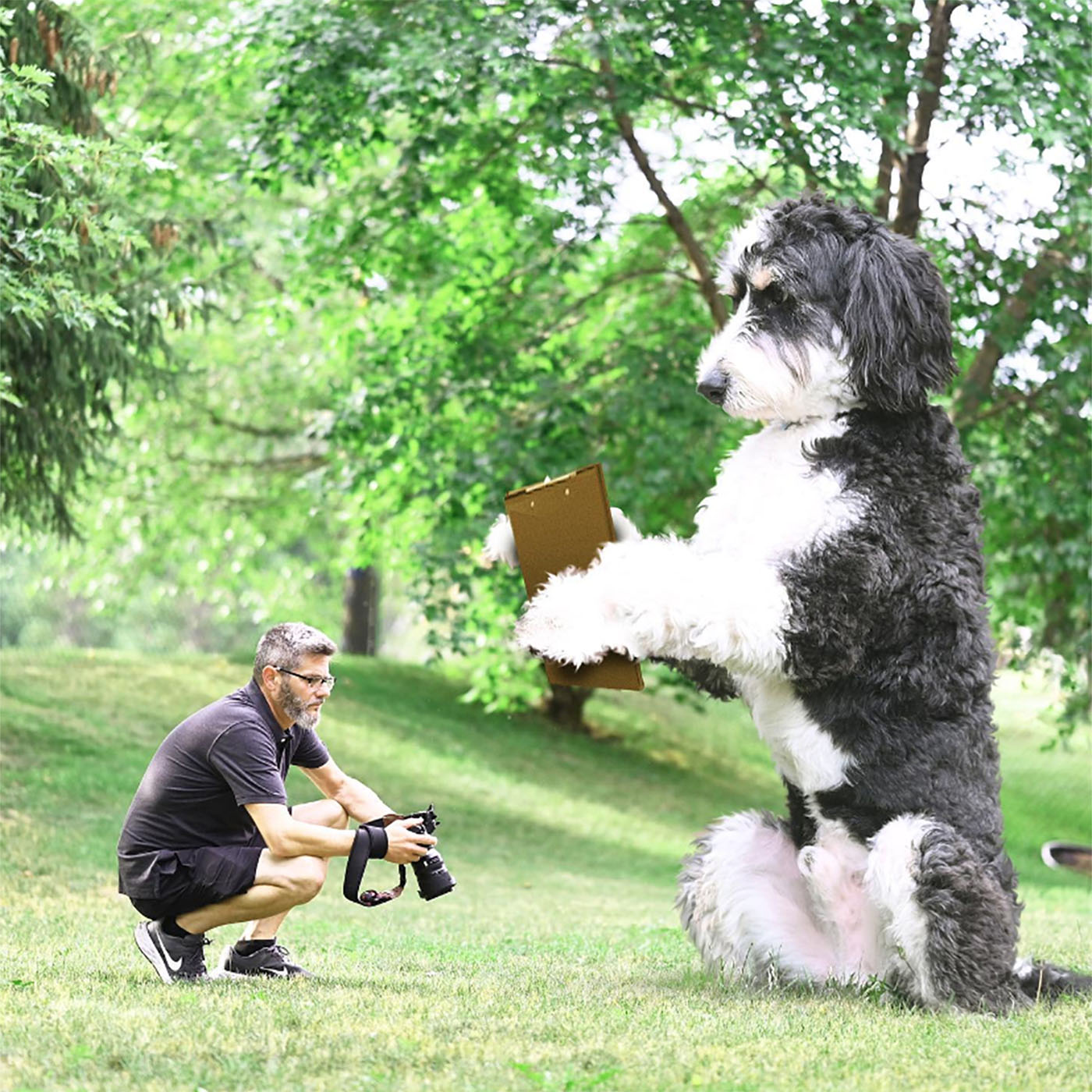Christopher Cline com sua câmera em mãos e seu cachorro gigante segurando uma prancheta no parque
