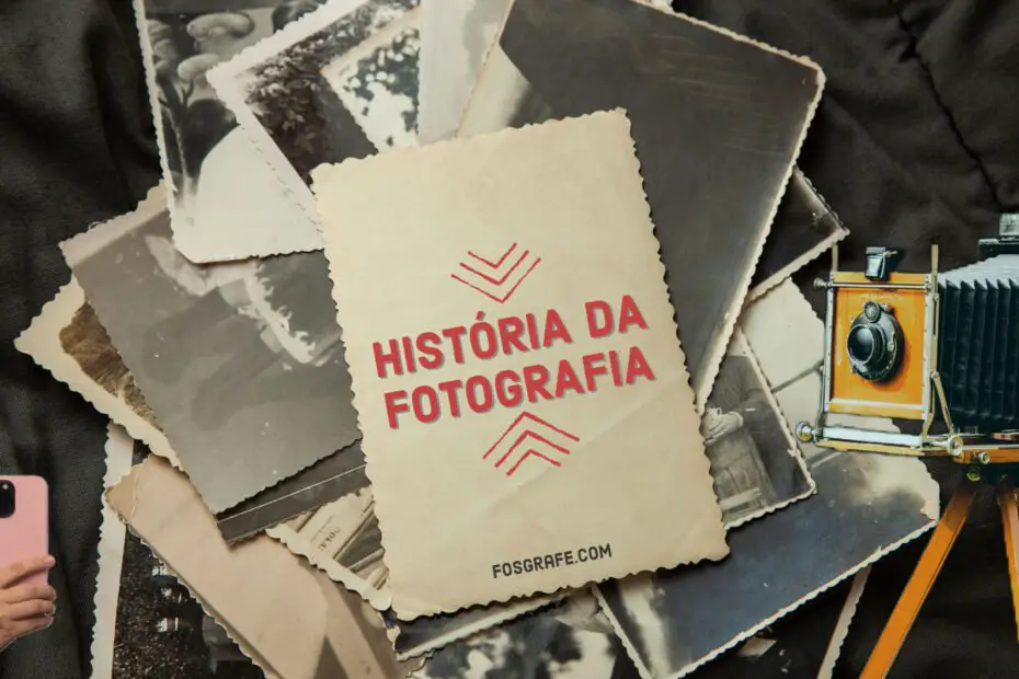 montagem gráfica com fotos antigas, uma câmera antiga e um smarphone para representar a história da fotografia