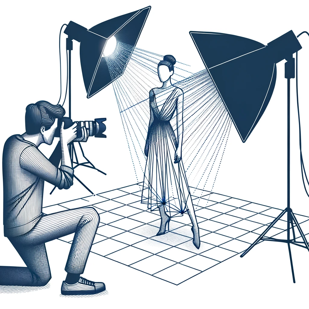 ilustração de um estúdio moderno onde um fotógrafo está configurando dois flashes direcionados a uma mulher