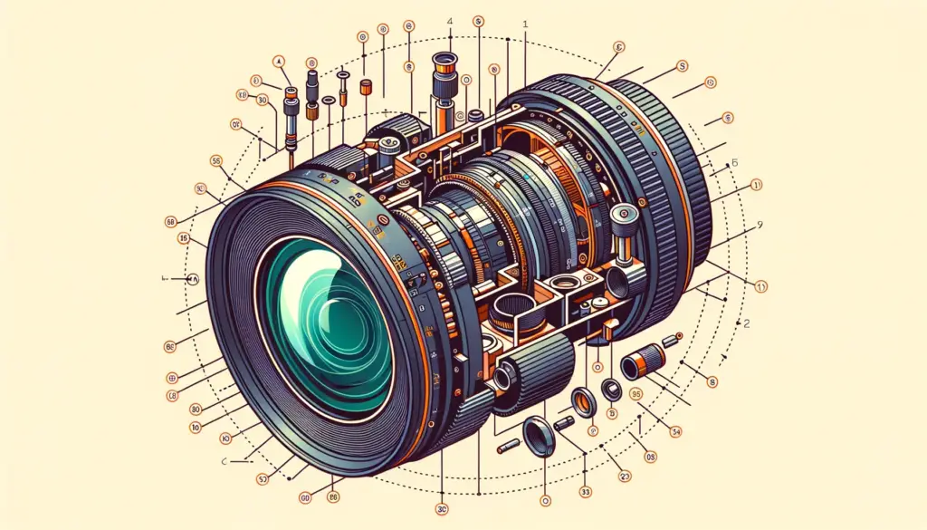 representação de uma lente fotográfica cortada ao meio, expondo seus componentes internos (imagem meramente ilustrativa sobre objetiva na fotografia)